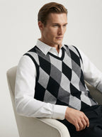 Smart-Casual Knitted Argyle V-Neck Sweater Vest - Dark Grey