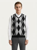 Smart-Casual Knitted Argyle V-Neck Sweater Vest - Dark Grey