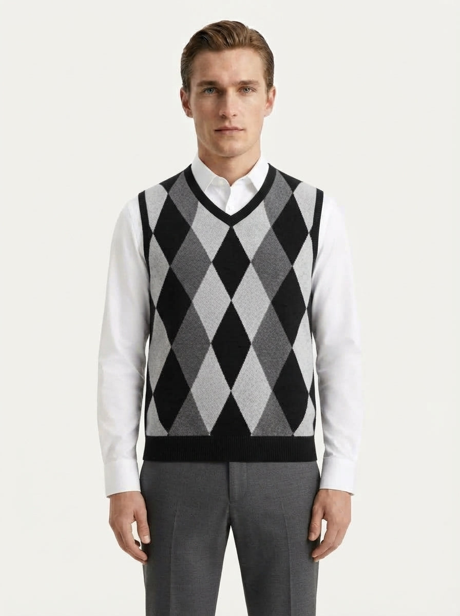 Smart-Casual Knitted Argyle V-Neck Sweater Vest - Dark Grey