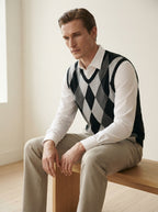Smart-Casual Knitted Argyle V-Neck Sweater Vest - Dark Grey