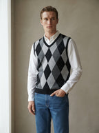 Smart-Casual Knitted Argyle V-Neck Sweater Vest - Dark Grey