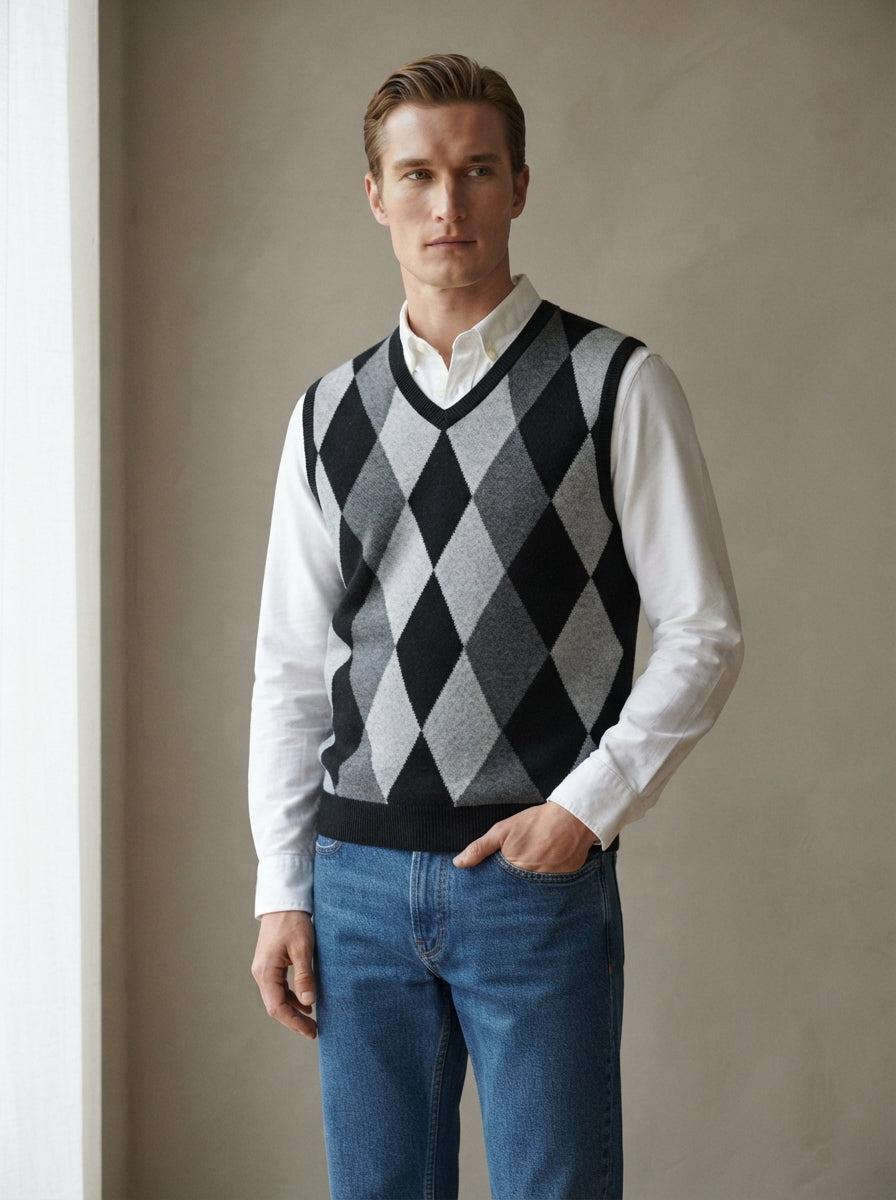 Smart-Casual Knitted Argyle V-Neck Sweater Vest - Dark Grey