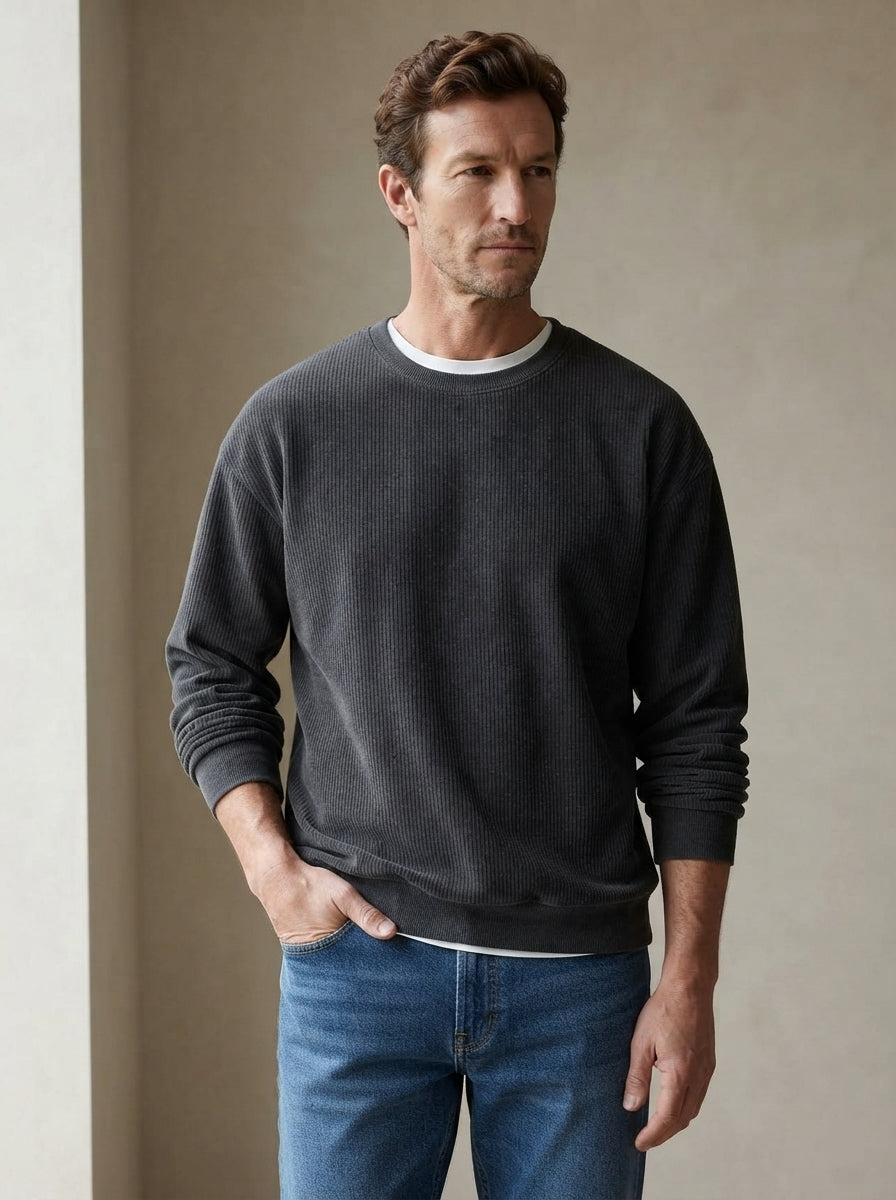 Casual Corduroy Drop Shoulder Sweatshirt - Dark Grey Natural Wall
