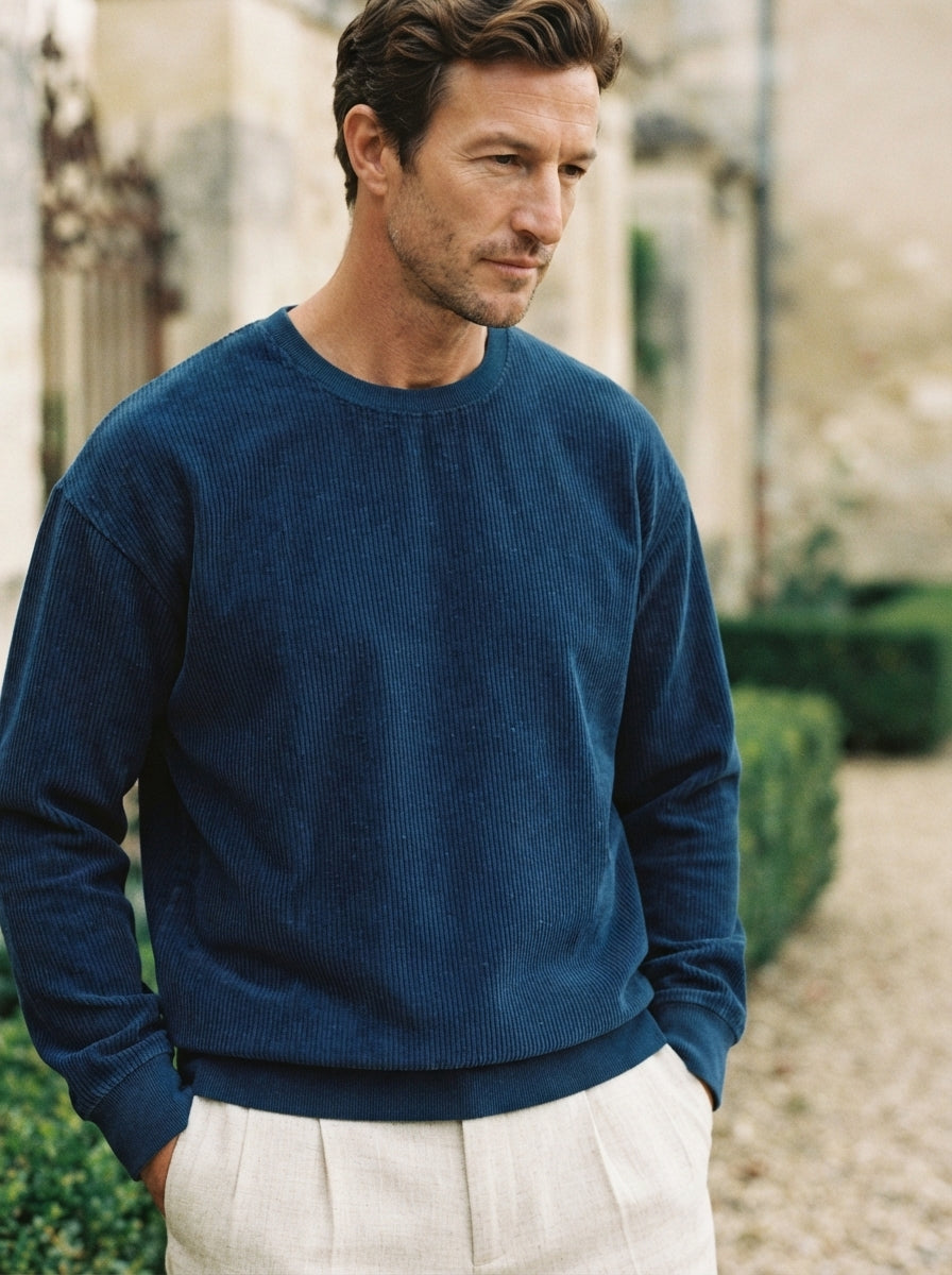 Casual Corduroy Drop Shoulder Sweatshirt - Dusty Blue Estate Closeup