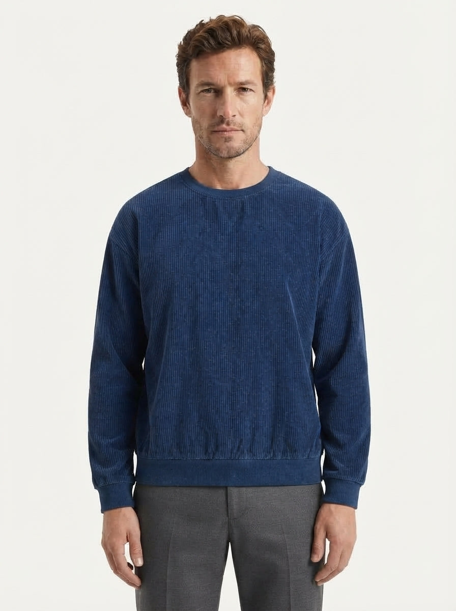 Casual Corduroy Drop Shoulder Sweatshirt - Dusty Blue Model Studio