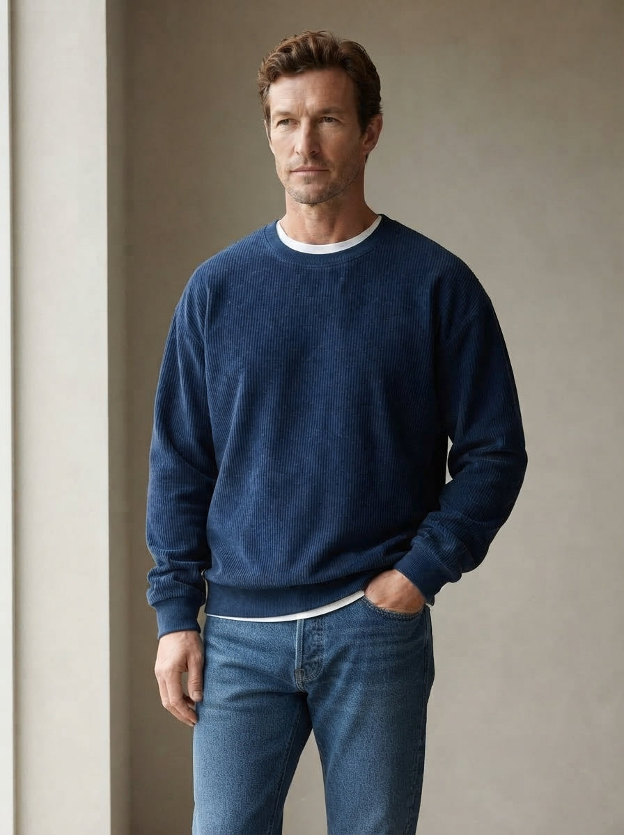 Casual Corduroy Drop Shoulder Sweatshirt - Dusty Blue Natural Wall