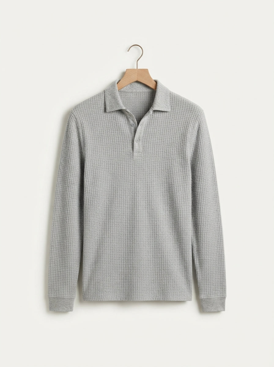 Fitted Long Sleeve Polo Waffle Shirt