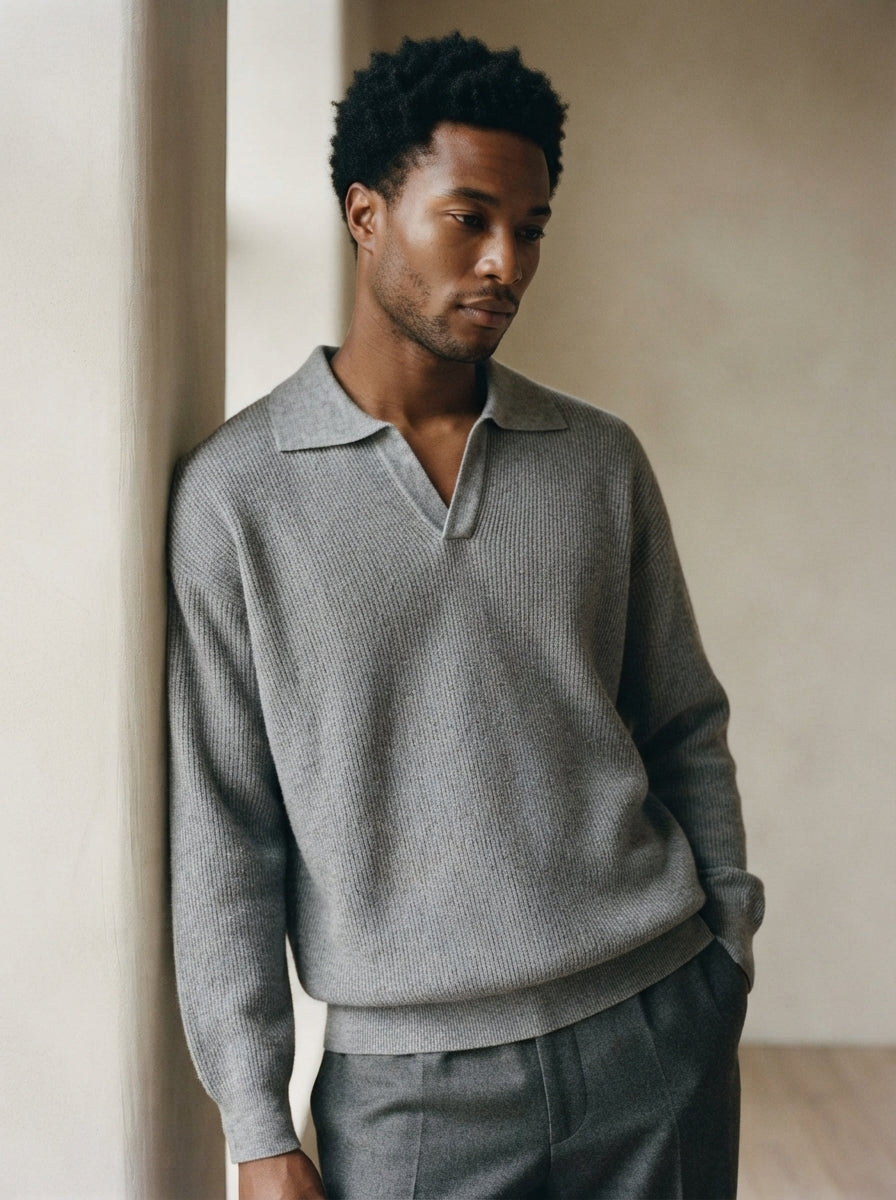 Men's Smart Casual Textured Knit Polo Sweater