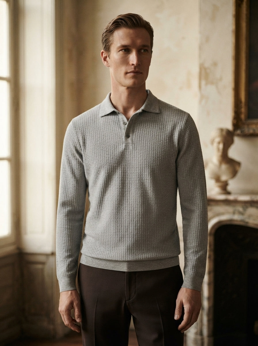 Fitted Long Sleeve Polo Waffle Shirt