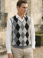 Smart-Casual Knitted Argyle V-Neck Sweater Vest - Grey