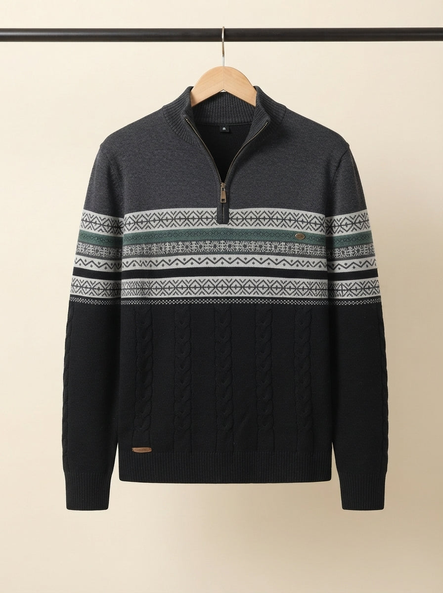 Cozy Cable Knit Two-Tone Quarter-Zip Sweater