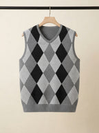 Smart-Casual Knitted Argyle V-Neck Sweater Vest - Grey