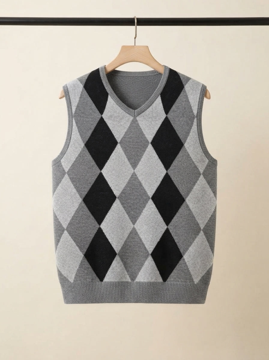 Smart-Casual Knitted Argyle V-Neck Sweater Vest - Grey