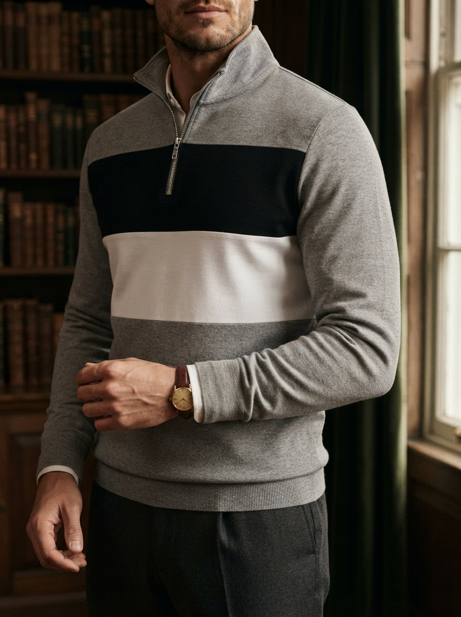 Knitted Colour Block Quarter-Zip Polo Shirt