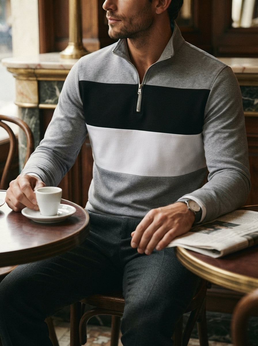 Knitted Colour Block Quarter-Zip Polo Shirt