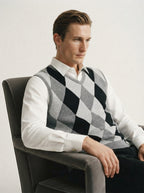 Smart-Casual Knitted Argyle V-Neck Sweater Vest - Grey