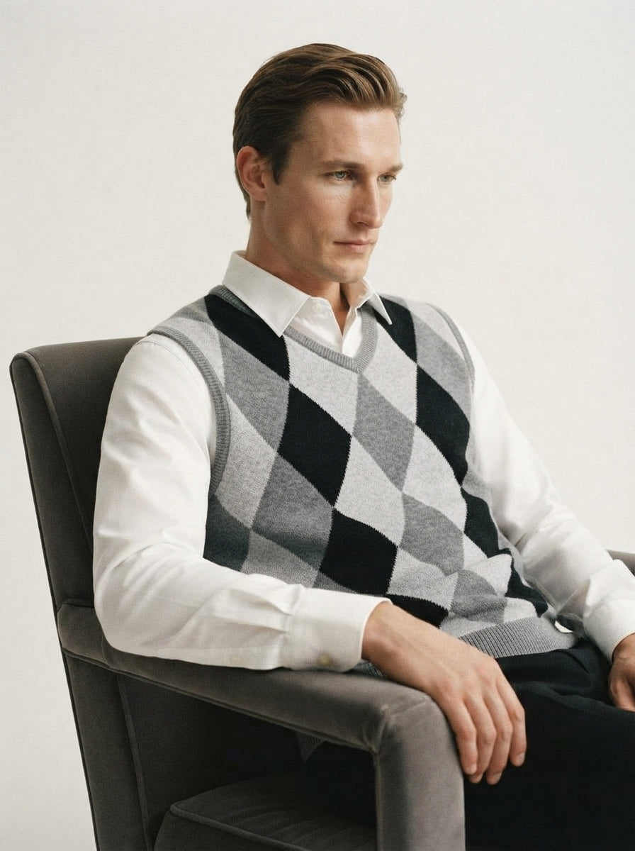 Smart-Casual Knitted Argyle V-Neck Sweater Vest - Grey