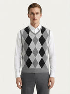 Smart-Casual Knitted Argyle V-Neck Sweater Vest - Grey