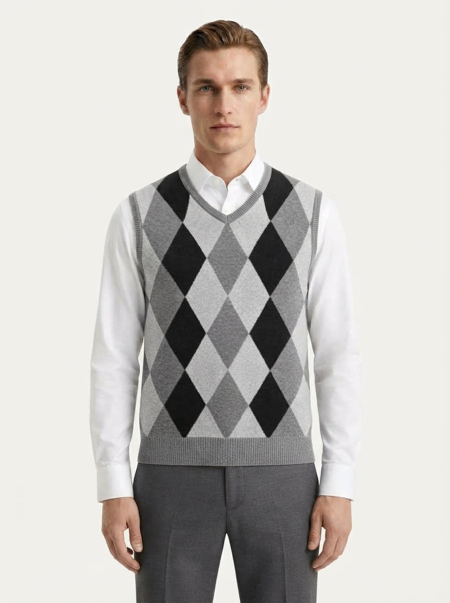 Smart-Casual Knitted Argyle V-Neck Sweater Vest - Grey