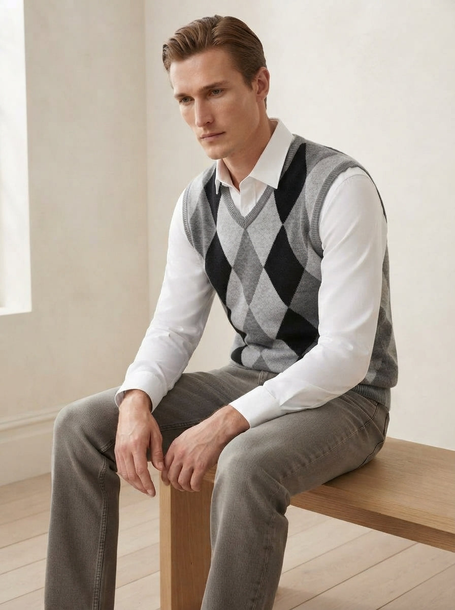 Smart-Casual Knitted Argyle V-Neck Sweater Vest - Grey