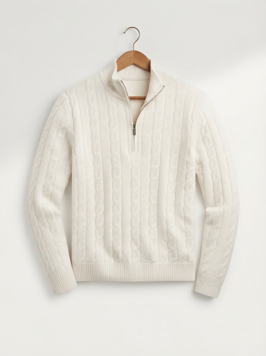 Merino Wool Cable Knit Quarter Zip Sweater