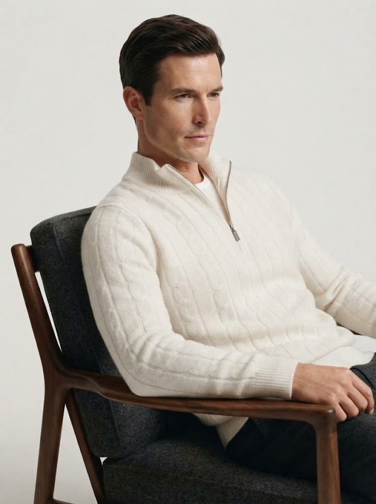 Merino Wool Cable Knit Quarter Zip Sweater