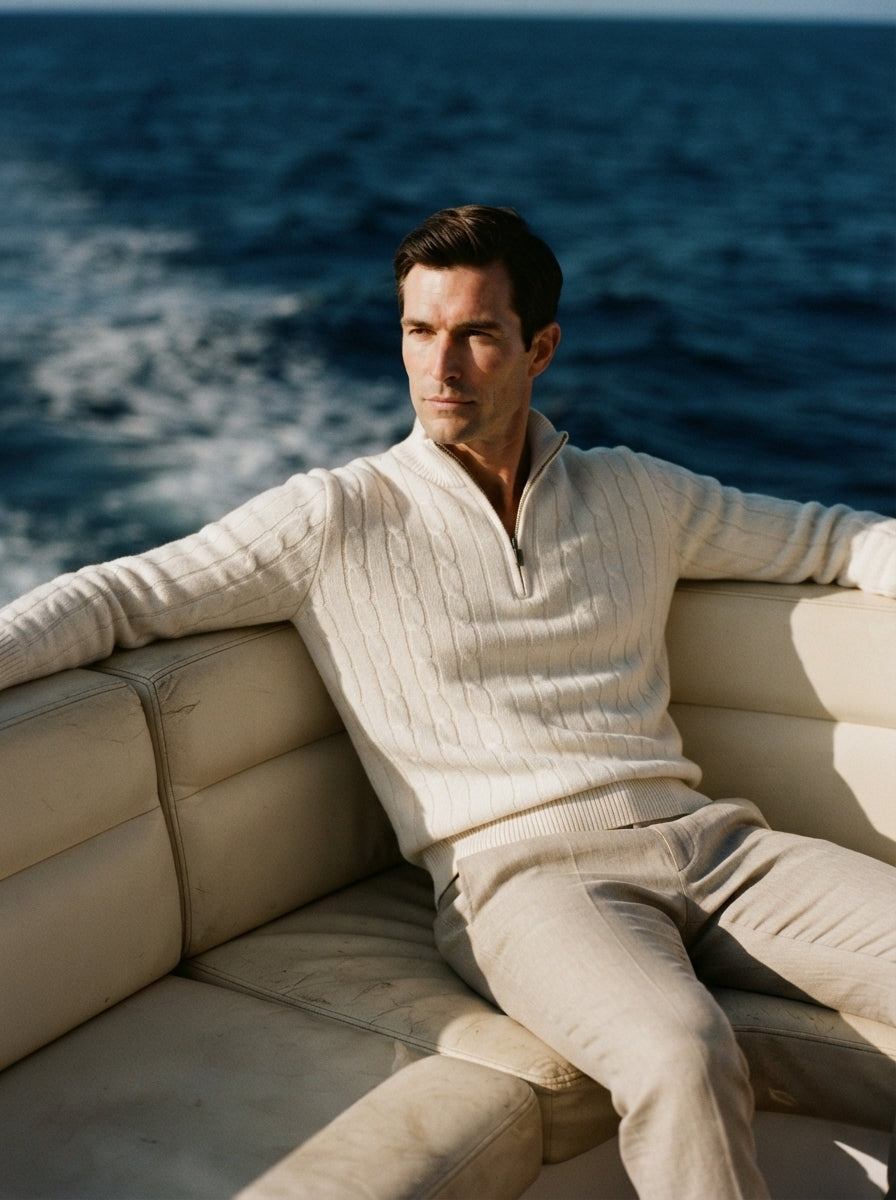 Merino Wool Cable Knit Quarter Zip Sweater