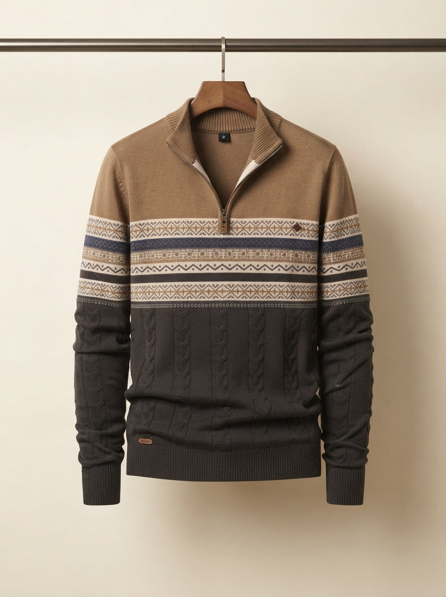 Cozy Cable Knit Two-Tone Quarter-Zip Sweater