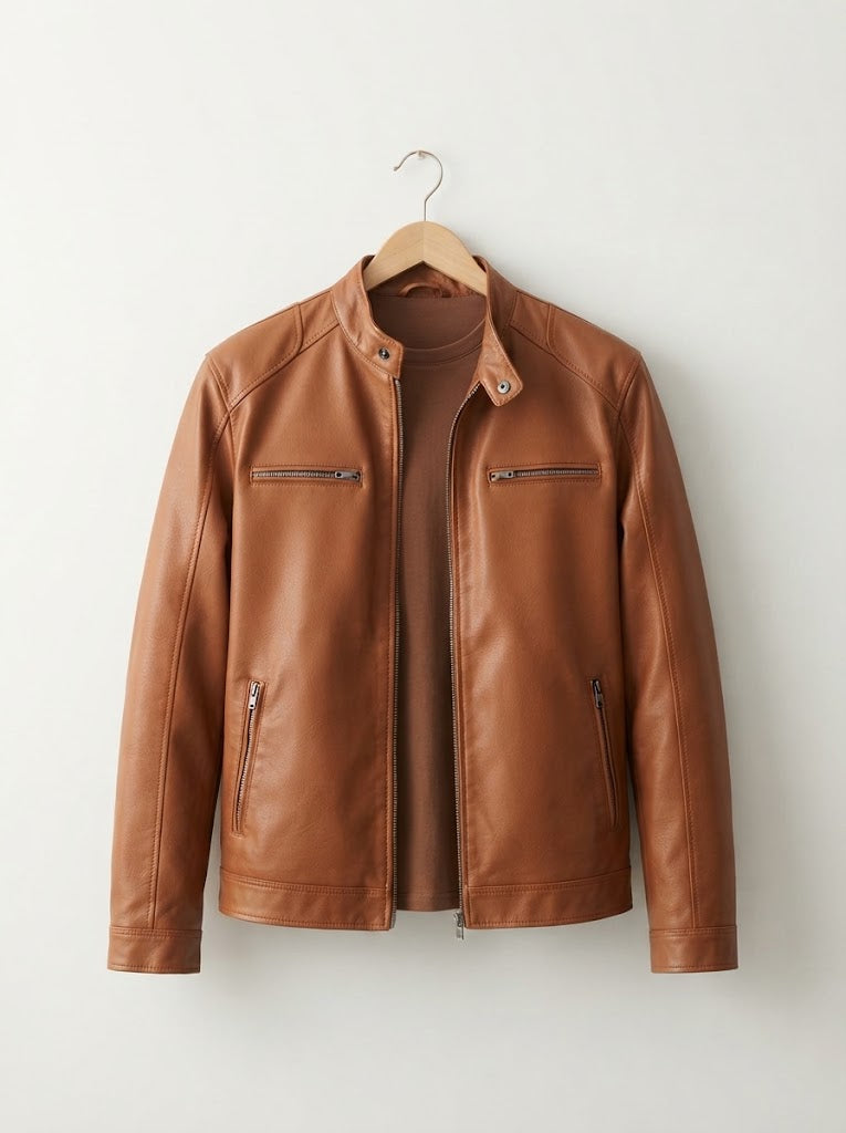 Casual Leather Stand Collar Biker Jacket