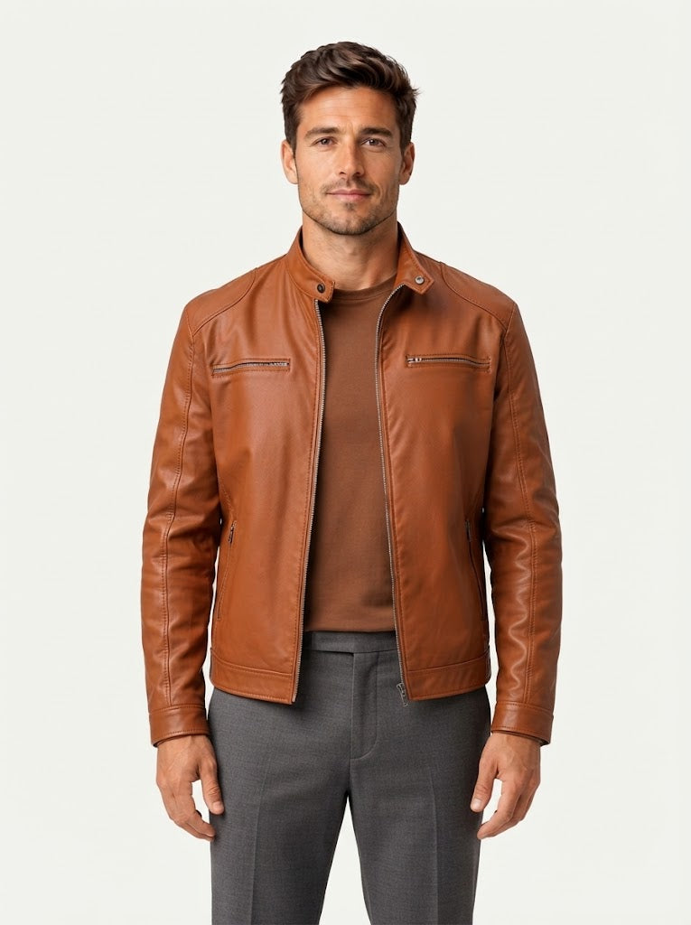 Casual Leather Stand Collar Biker Jacket