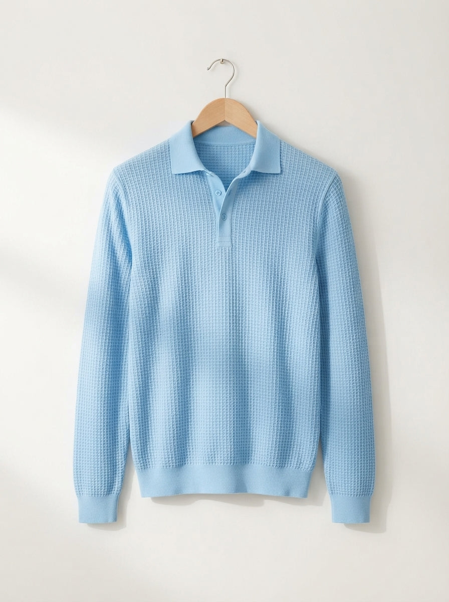 Fitted Long Sleeve Polo Waffle Shirt