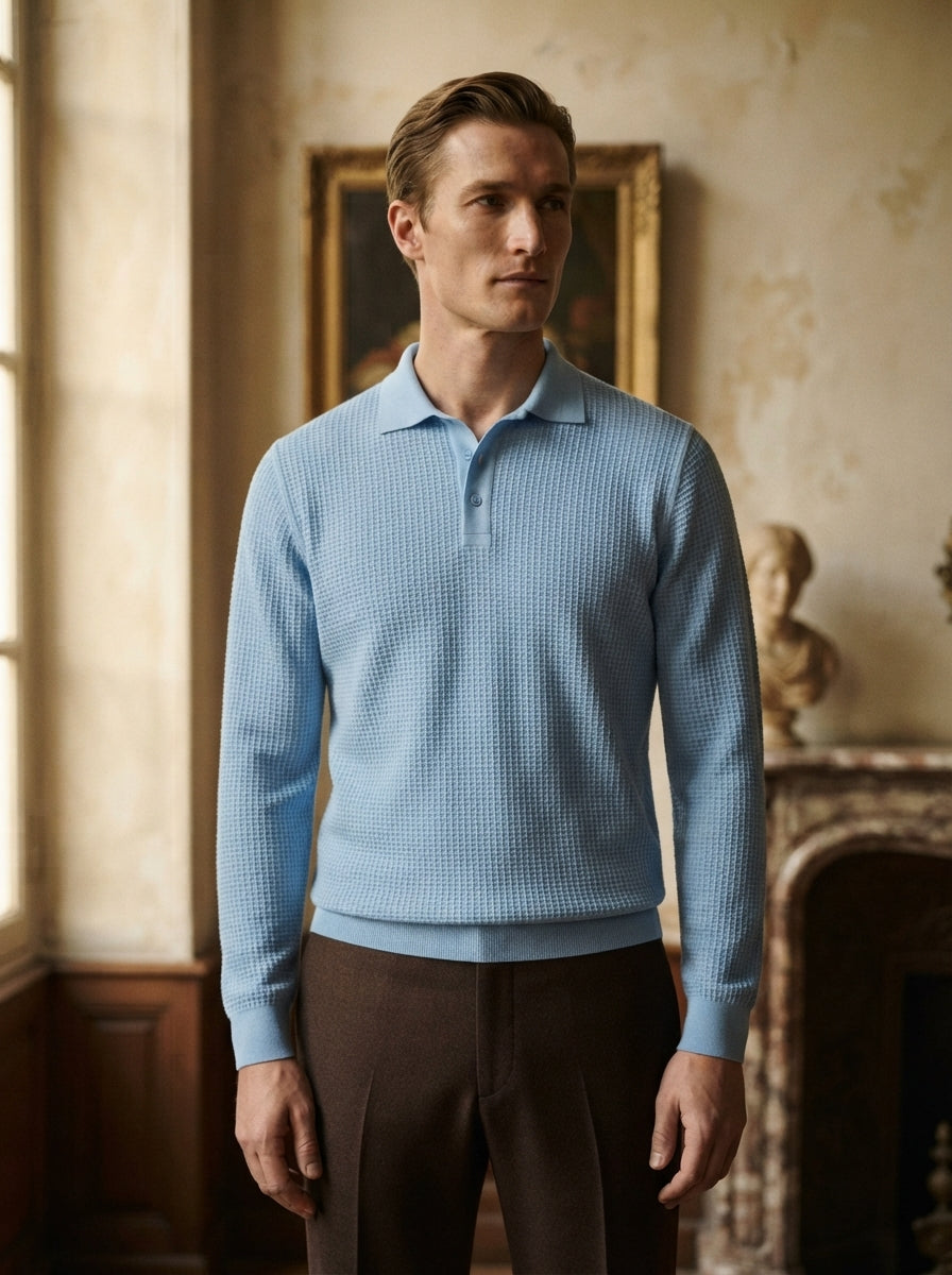 Fitted Long Sleeve Polo Waffle Shirt