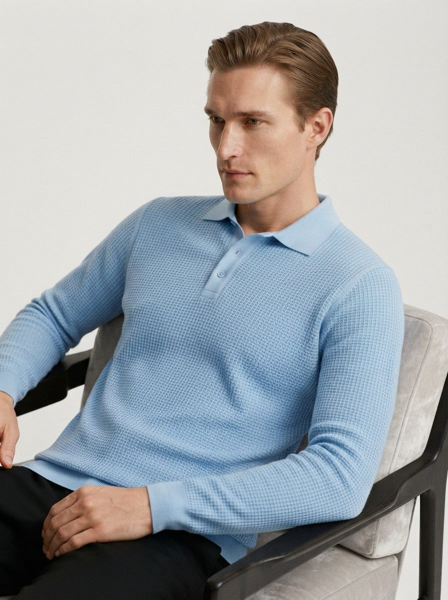 Fitted Long Sleeve Polo Waffle Shirt
