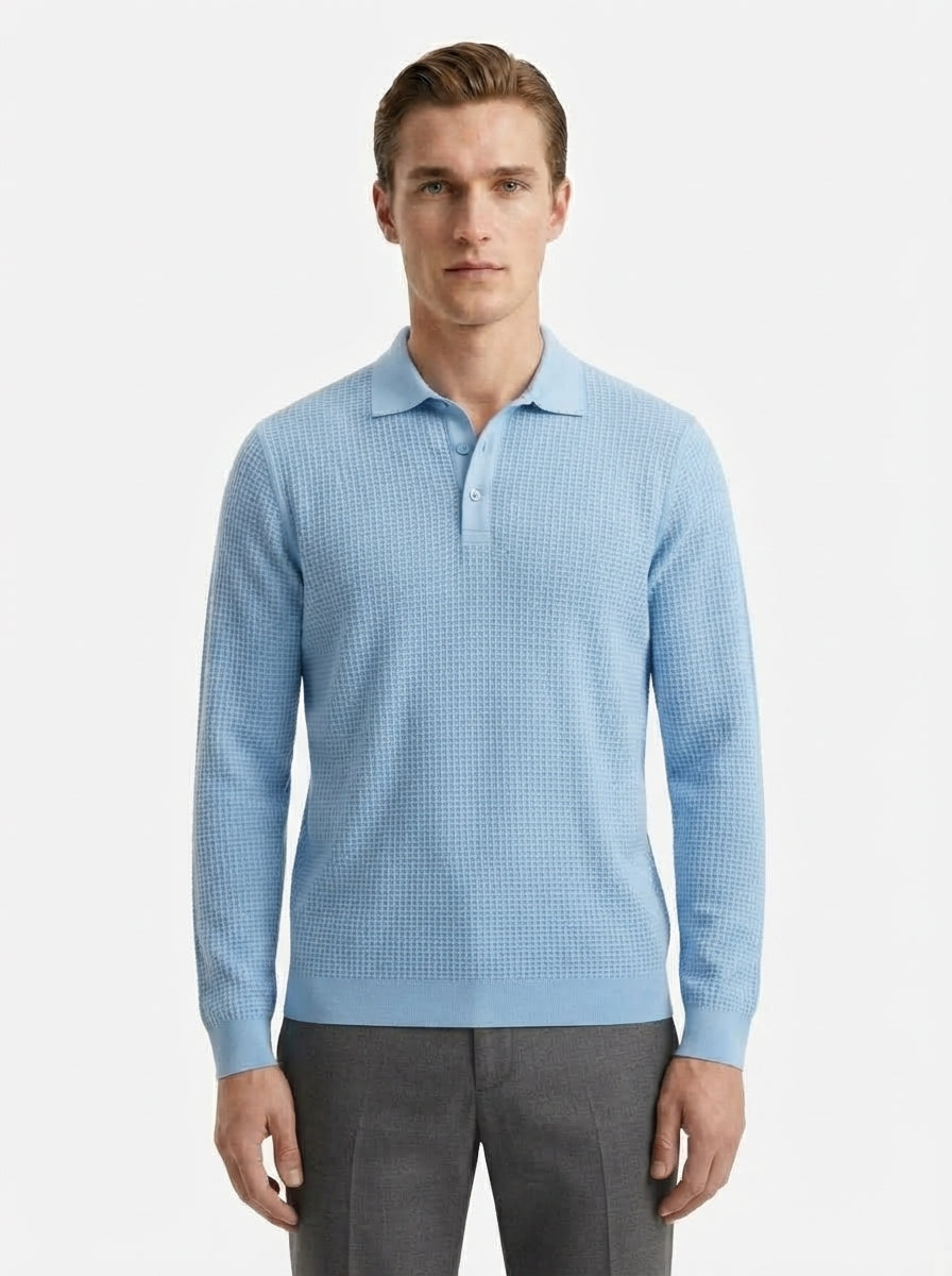 Fitted Long Sleeve Polo Waffle Shirt