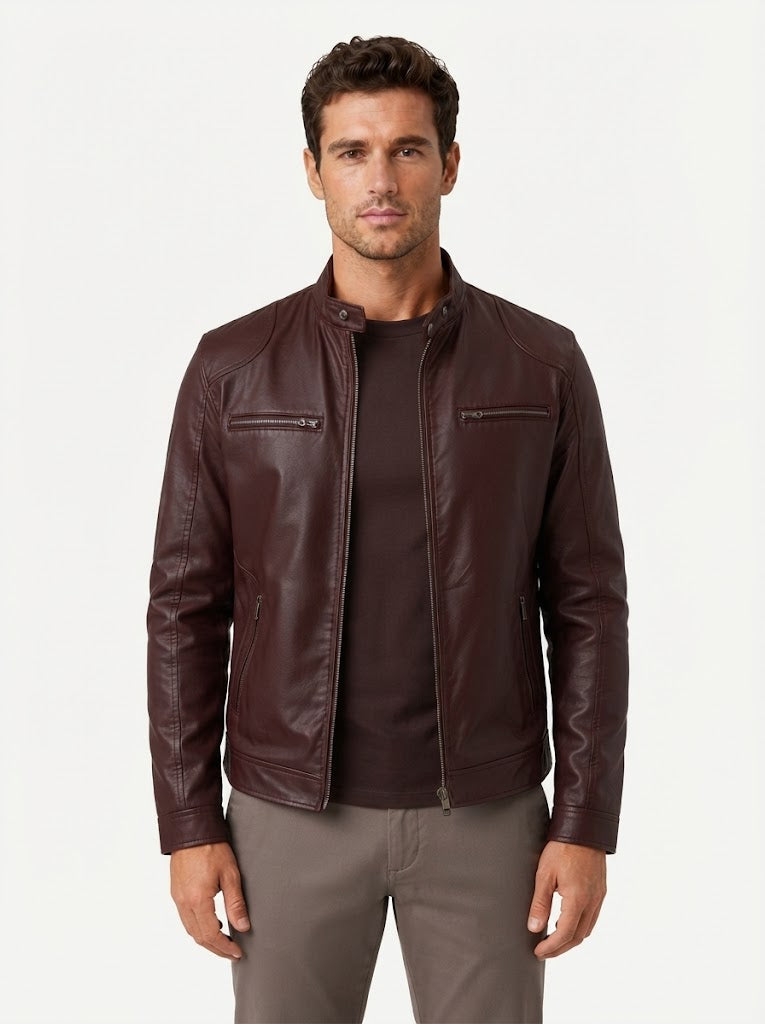 Casual Leather Stand Collar Biker Jacket