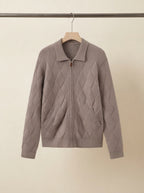 Wool-Blend Diamond Knit Zip Cardigan