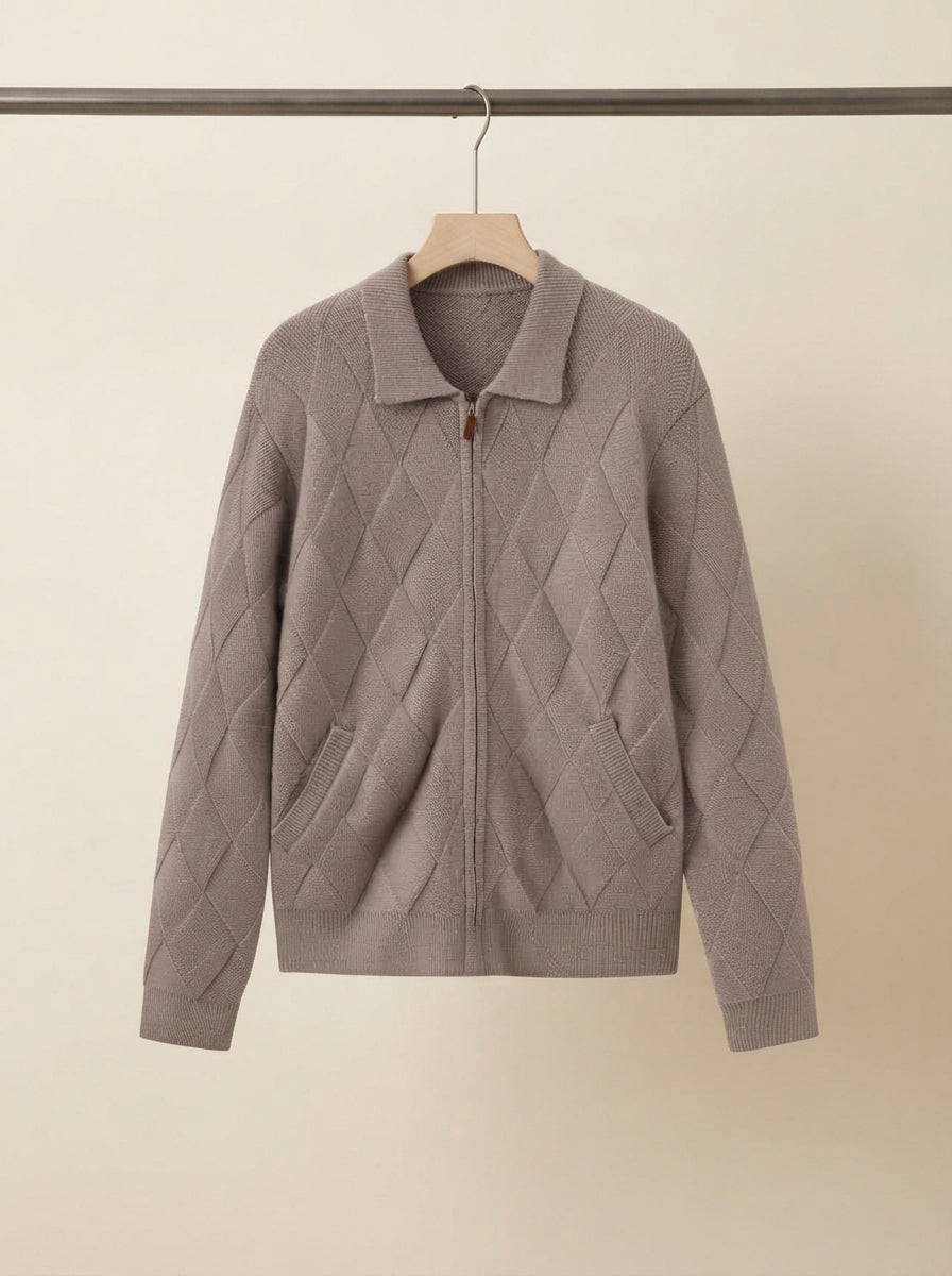 Wool-Blend Diamond Knit Zip Cardigan