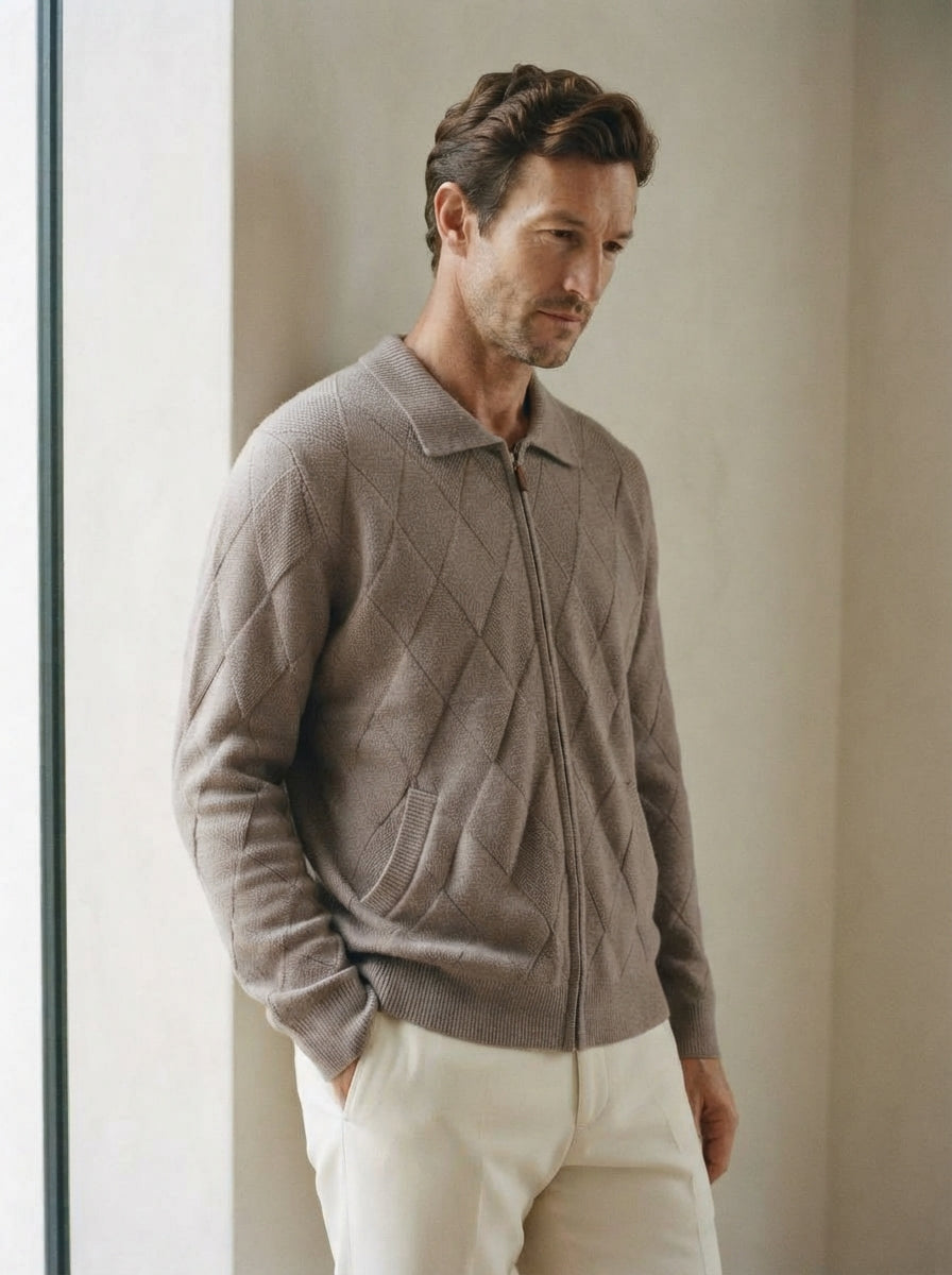 Wool-Blend Diamond Knit Zip Cardigan