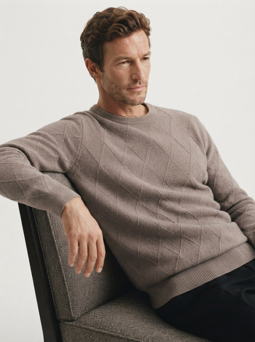 Wool-Blend Diamond Knit Crewneck Sweater
