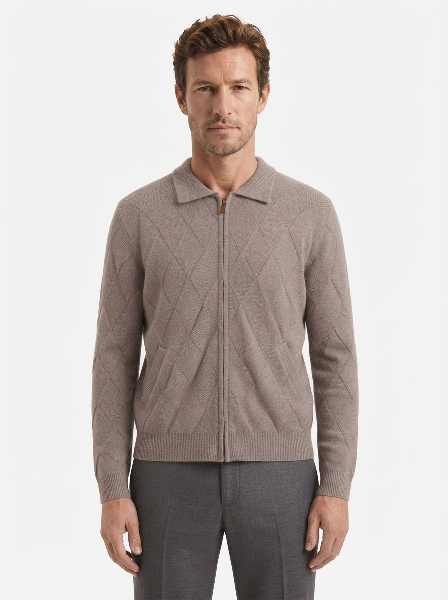 Wool-Blend Diamond Knit Zip Cardigan