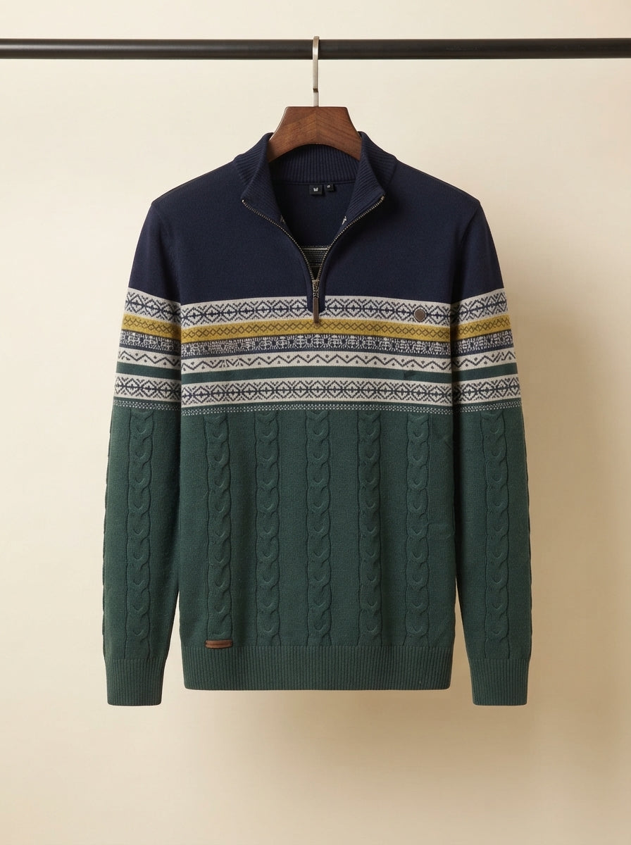 Cozy Cable Knit Two-Tone Quarter-Zip Sweater