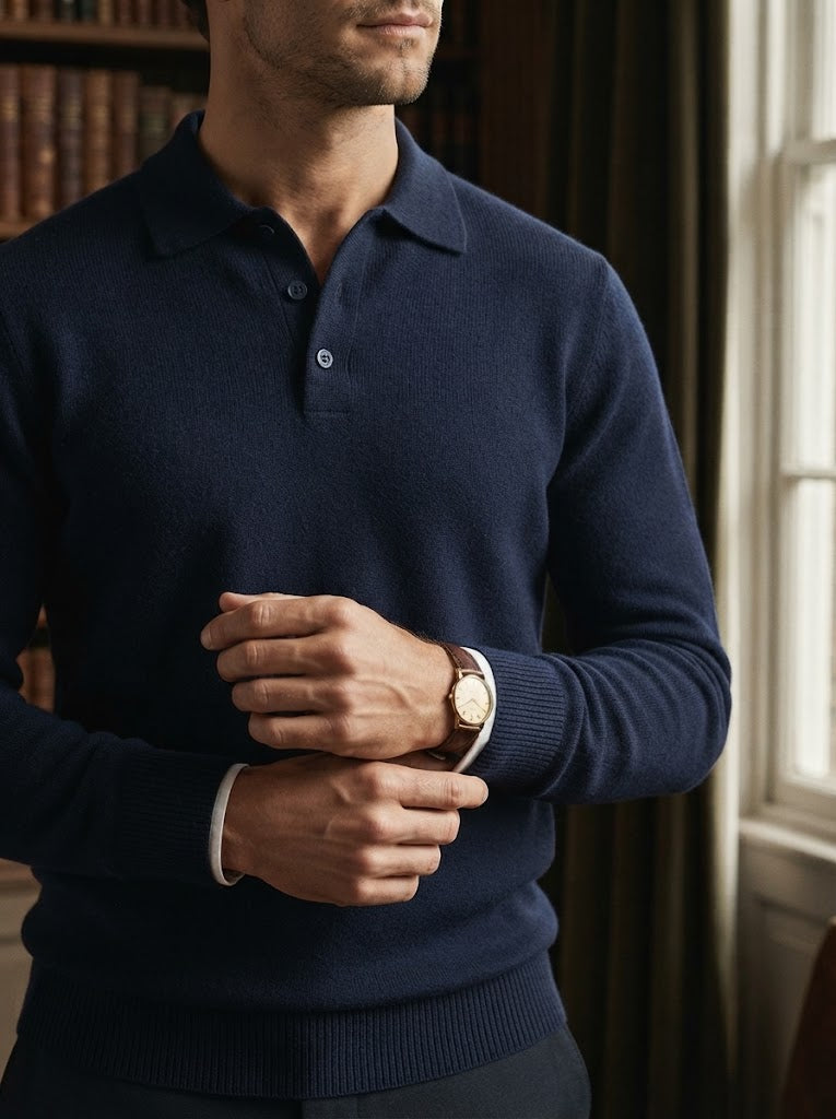 Men's Relaxed Textured Knit Open Collar Polo Jumper