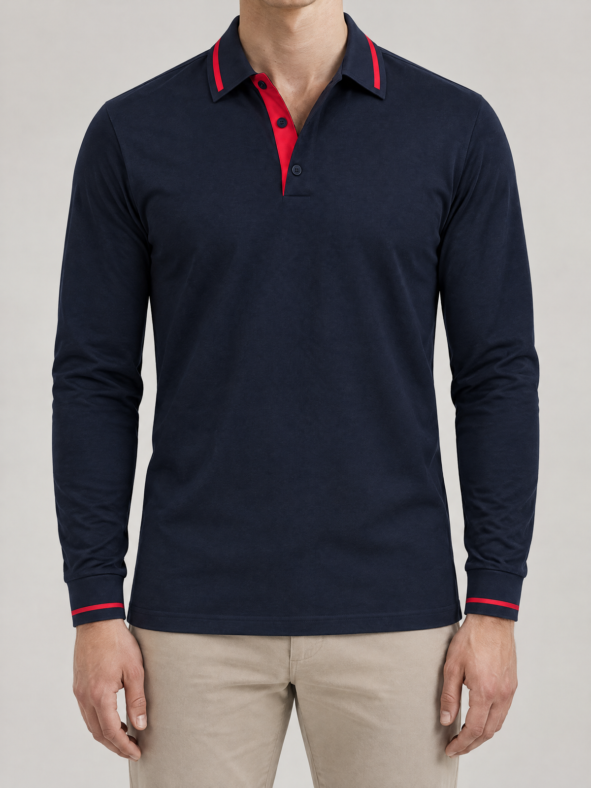 Ribbed Knit Long Sleeve Polo Shirt