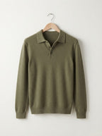 Men's Relaxed Textured Knit Open Collar Polo Jumper