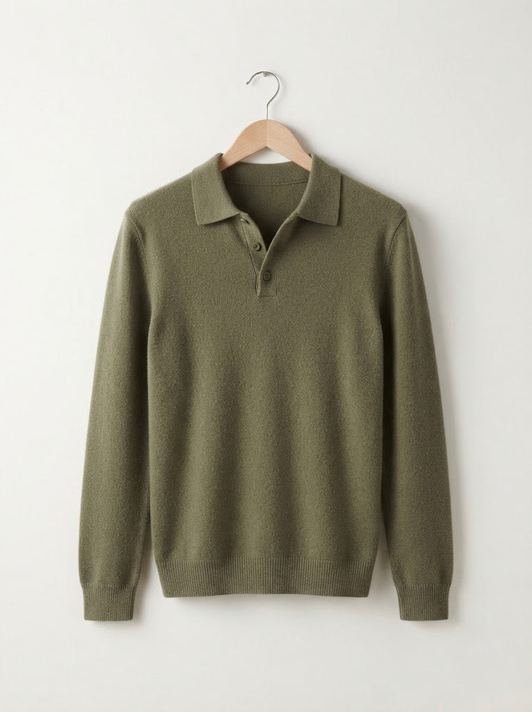 Men's Relaxed Textured Knit Open Collar Polo Jumper
