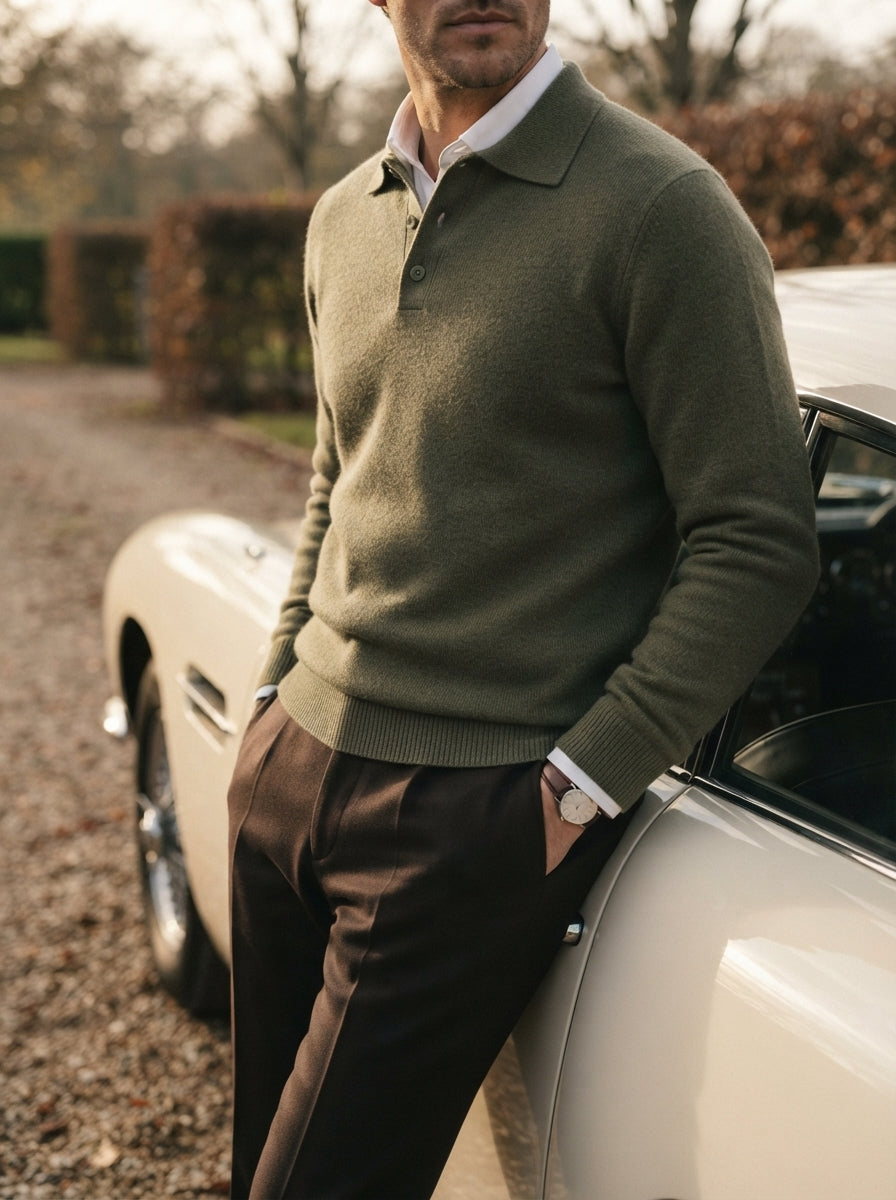 Men's Relaxed Textured Knit Open Collar Polo Jumper