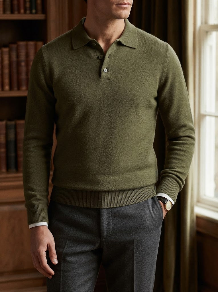 Men's Relaxed Textured Knit Open Collar Polo Jumper