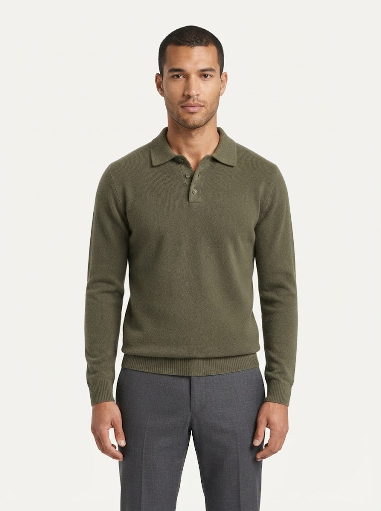 Men's Relaxed Textured Knit Open Collar Polo Jumper