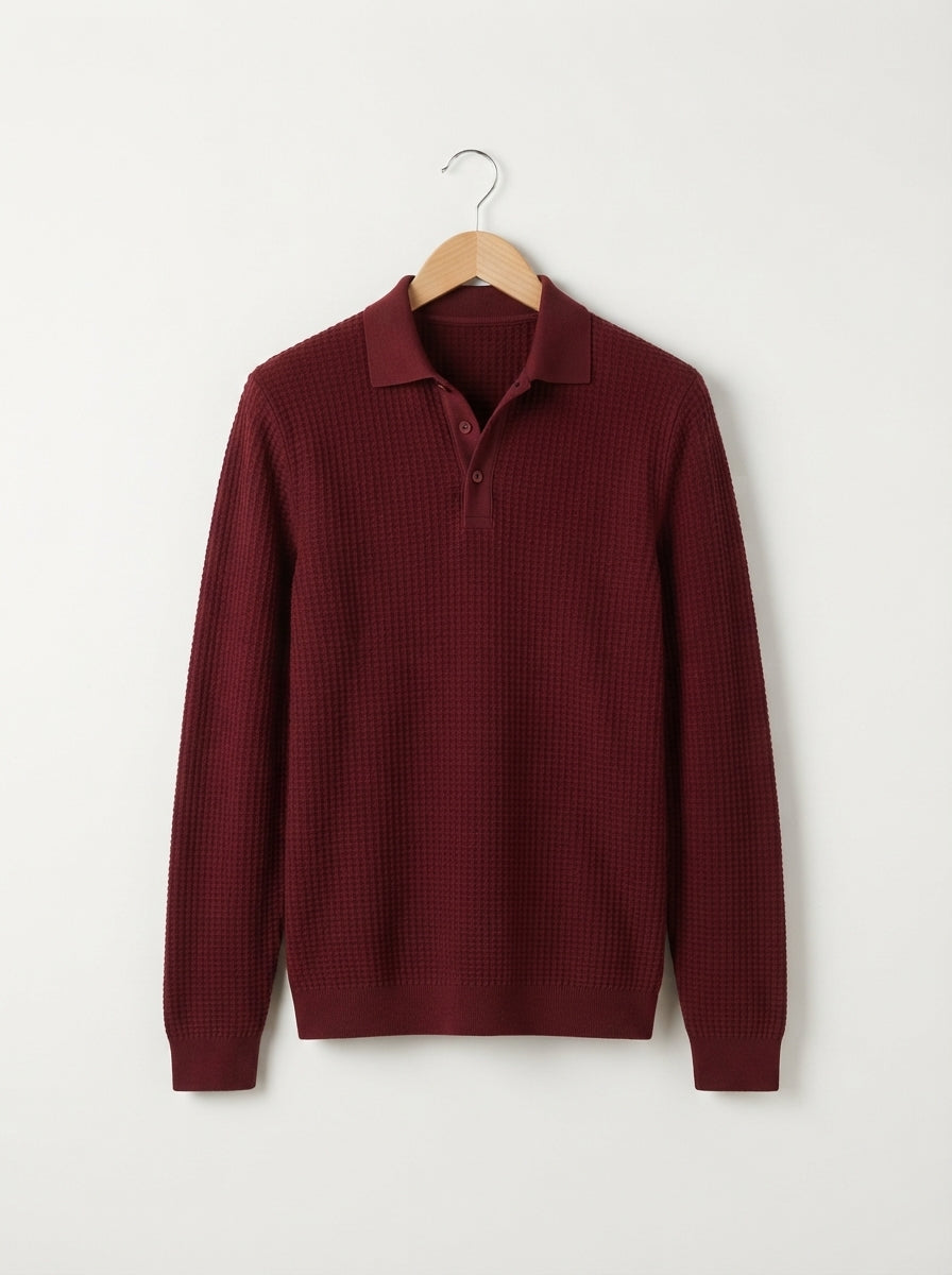 Fitted Long Sleeve Polo Waffle Shirt