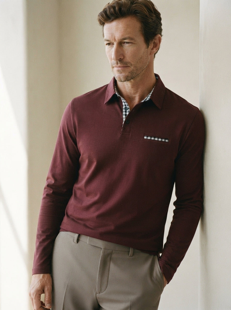 Lightweight Checkered Long Sleeve Polo Shirt